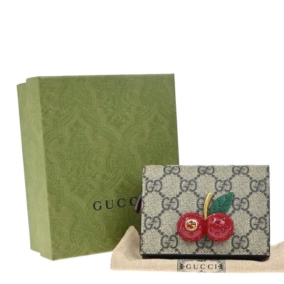 GUCCI Logo Cherry GG Pattern Compact Wallet Supreme Leather Brown 65EF797 - Picture 1 of 16